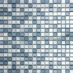 Alara Mix 1 Alara Mix Mini Glass Squares Mosaic Tile in contrasts of grey, off white and blue color. For kitchen backsplash and bathroom walls