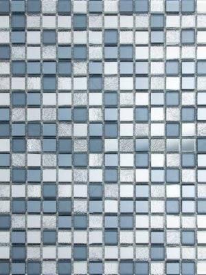 Alara Mix Mini Glass Squares Mosaic Tile in contrasts of grey, off white and blue color. For kitchen backsplash and bathroom walls