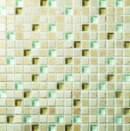 Ayas Glass and Stone Mix Mini Squares Mosaic Tile In Light Beige color for kitchen backsplash and bathroom walls