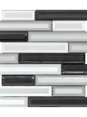 Dark grey color glass mosaic that comes in linear sticks with a glossy finish. Trendy decorative tile for kitchen, vanity backsplash, and bathroom walls.