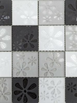 Blumen Grey Flower Printed Glass Mosaic in Black, Light grey and white squares. Mosaic tile for kitchen backsplash and bathroom walls