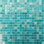 Belize Aquamarine Mini Glass Squares Mosaic Tile for kitchen backsplash and bathroom walls.