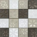 Blumen Beige 1 Blumen Beige Flower Printed Glass Mosaic in Beige, White and Brown Squares for kitchen backsplash and bathroom walls