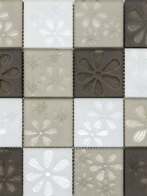 Blumen Beige Flower Printed Glass Mosaic in Beige, White and Brown Squares for kitchen backsplash and bathroom walls