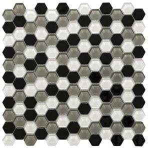 Hexa Vetro Grey is a mixture of hexagon-shaped small glass tiles with high contrast colors. It's an impressive design for kitchen backsplash or bathroom wall