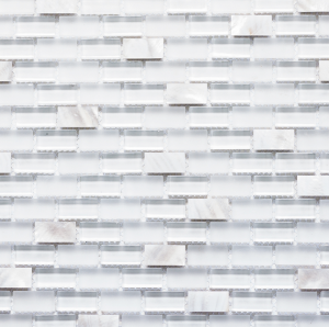 Agra Blanca White Glass and White Seashell Mosaic Tile in mini brick pattern. For kitchen backsplash and bathroom walls