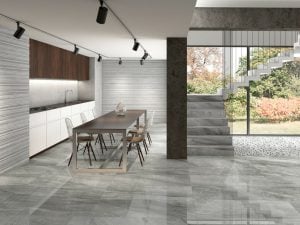 Lithium Silver is a grey porcelain tile with the look of limestone. It comes with distinctive natural stone movements.