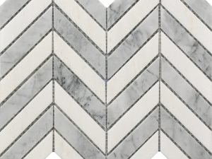 White and grey marble Chevron Pattern decorative mosaic tile on an 11" x 12" sheet for kitchen backsplash, bathroom and shower wall or floors.