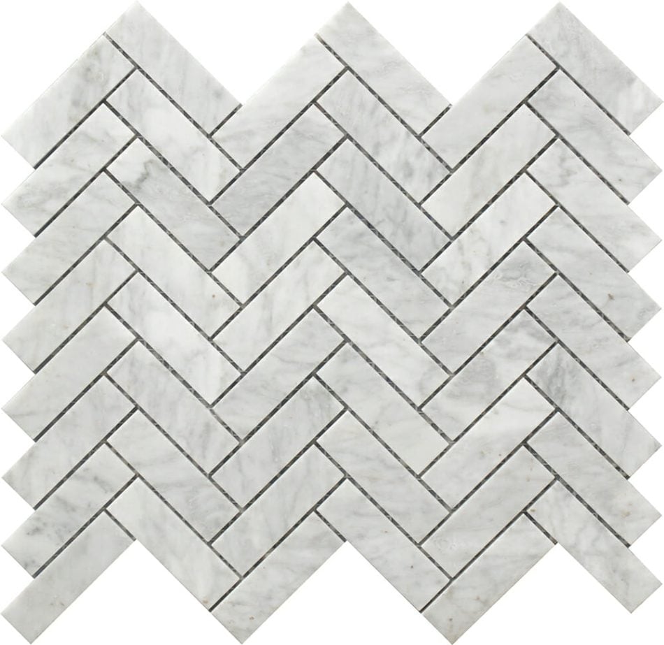 white and grey Carrara marble herringbone pattern decorative tile