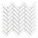 White Dolomite herringbone mosaic tile. Shower floors and walls, kitchen backsplash, bathroom walls, and floors. Available in the honed finish.