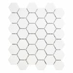 White Dolomite 2x2 hexagon mosaic tile for shower floor, kitchen backsplash, and wall mosaic tile. Available on 12x12 mesh with the polished finish.