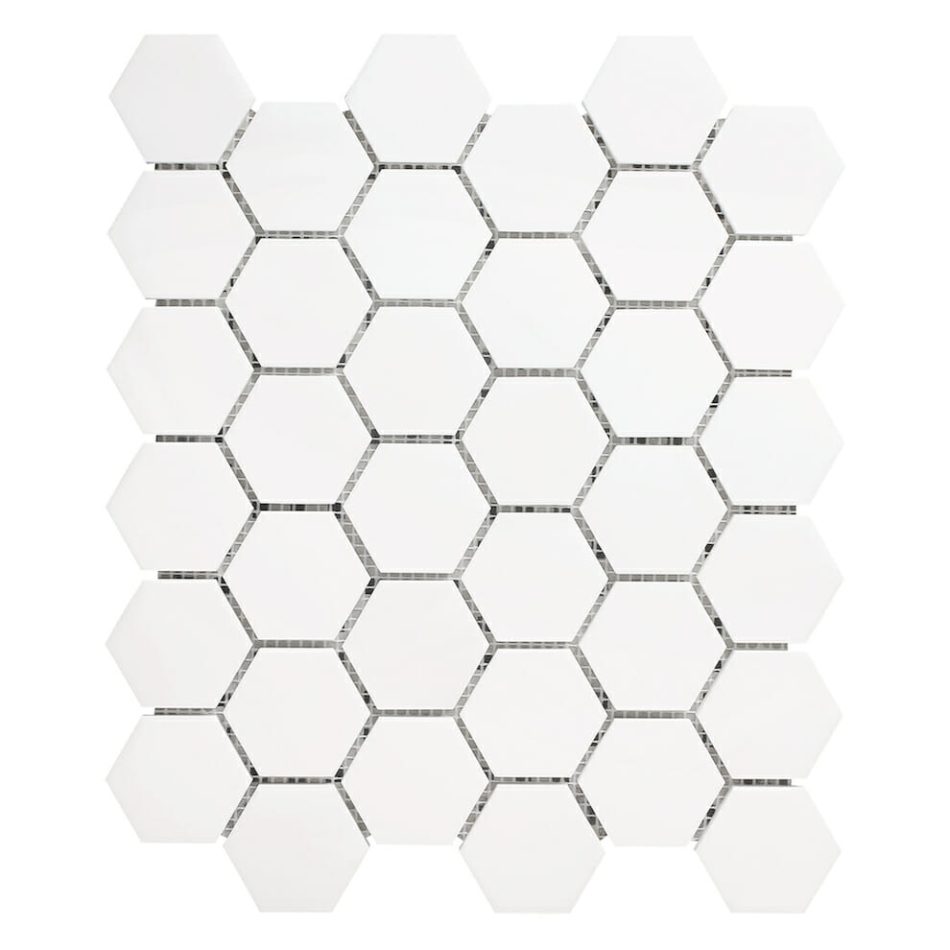 White Dolomite 2x2 hexagon mosaic tile for shower floor, kitchen backsplash, and wall mosaic tile. Available on 12x12 mesh with the polished finish.