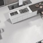 Modern dining room with cement look tile in gray color