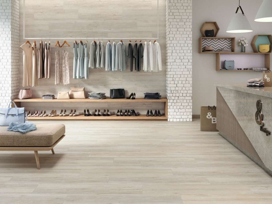 image of Wood effect floors tile is porcelain tile from Spain in maple wood style with grey color grains.
