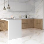 kitchen walls and backsplash with white and beige porcelain tile