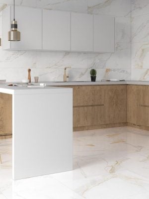 kitchen walls and backsplash with white and beige porcelain tile