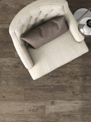 Porcelain floor tile with reclaimed wood look in walnut color