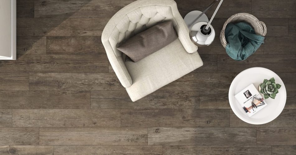 Porcelain floor tile with reclaimed wood look in walnut color