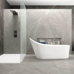 Altamura Silver grey floor tile in a modern limestone-look bathroom