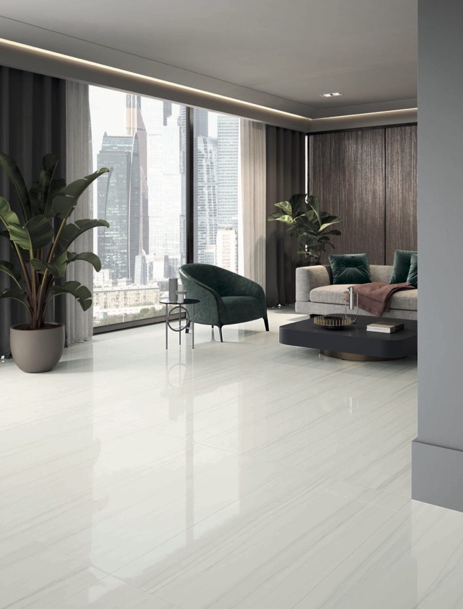 24x48 polished porcelain tile with the white marble look and linear veining in soft grey color