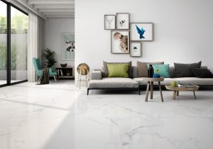 48x48 white porcelain tile Carrara Prima comes with the polished finished
