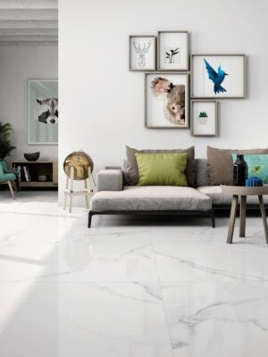 an open floor with a 48x48 white porcelain tile that has minimal veining in gray color