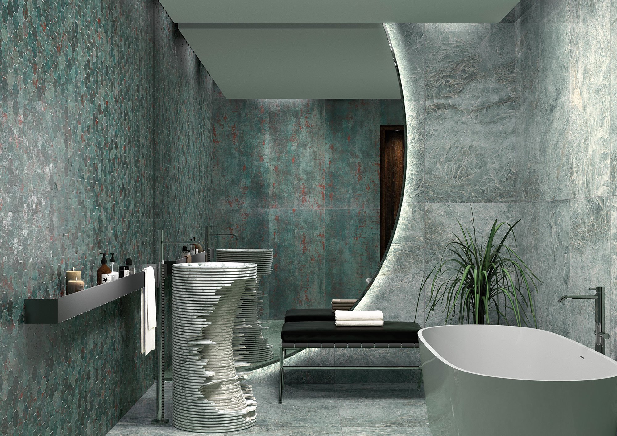 a modern bathroom picture with Taj Mahal Seagreen porcelain tile 24x48