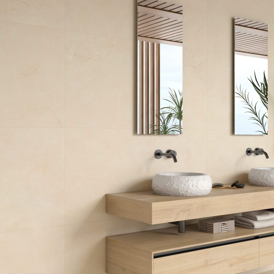 Crema Marfil Porcelain tile satin finish on a bathroom wall