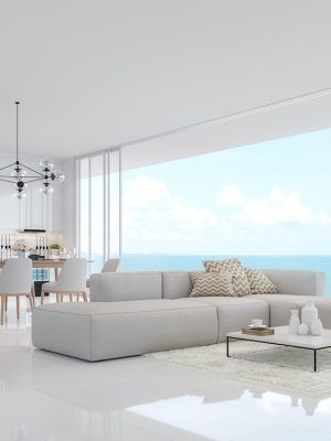 interior picture of the bright white porcelain tile floors in beach condo