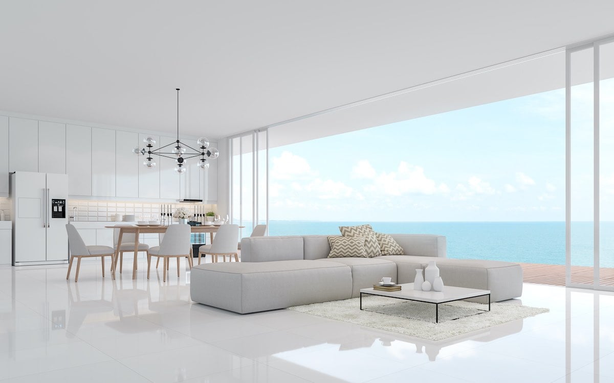 interior picture of the bright white porcelain tile floors in beach condo