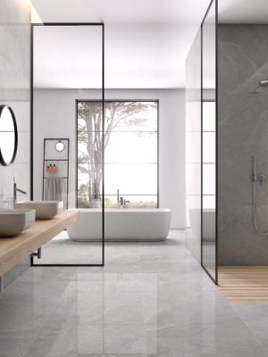 Modern bathroom designed with gray limestone look porcelain tile