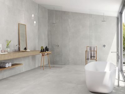 Stunning Porcelain Tile Ideas for Bathrooms 6 light gray 24x48 tile bathroom in cement style