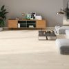 a living room that has very light color, wood look tile in a large size, that has warm colors with very little variation