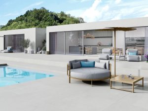 minimalistic tile pool deck scene