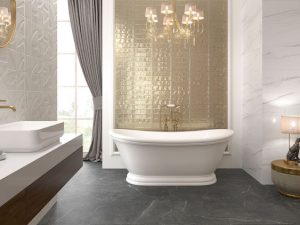 bathroom accent wall with real gold glazed subway tile