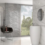 bathroom accent wall with real silver glazed subway tile