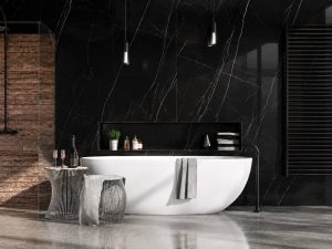 Black-and-white Negro Marquina polished porcelain slab in a minimalist bathroom