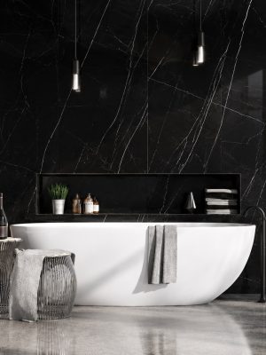 Black-and-White-Nero-Marquina-Polished-Porcelain-Slab in a minimalist bathroom