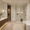 Amazing bathroom with Onyx Look polished porcelain slab walls. with big slab