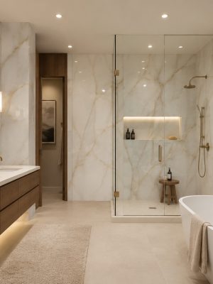 Amazing bathroom with Onyx Look polished porcelain slab walls. with big slab
