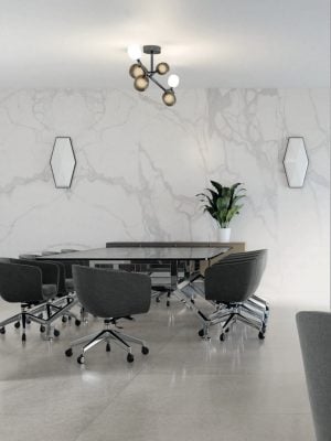 Accent wall with Kalos White Porcelain Slab that looks like a white marble with light gray veining