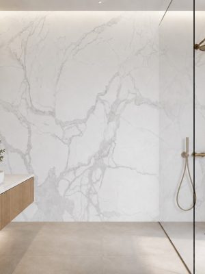 Modern bathroom with a white matte porcelain slab