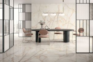 living room with porcelain slabs on the wall and floors