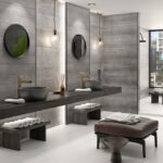 bathroom scene with 3d gray wall tile