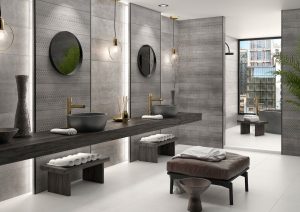 bathroom scene with 3d gray wall tile