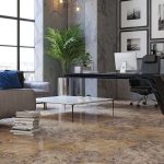 contemporary style office with marble look porcelain tile