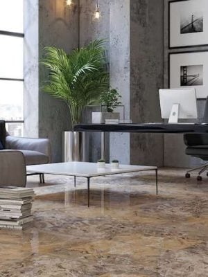 contemporary style office with marble look porcelain tile