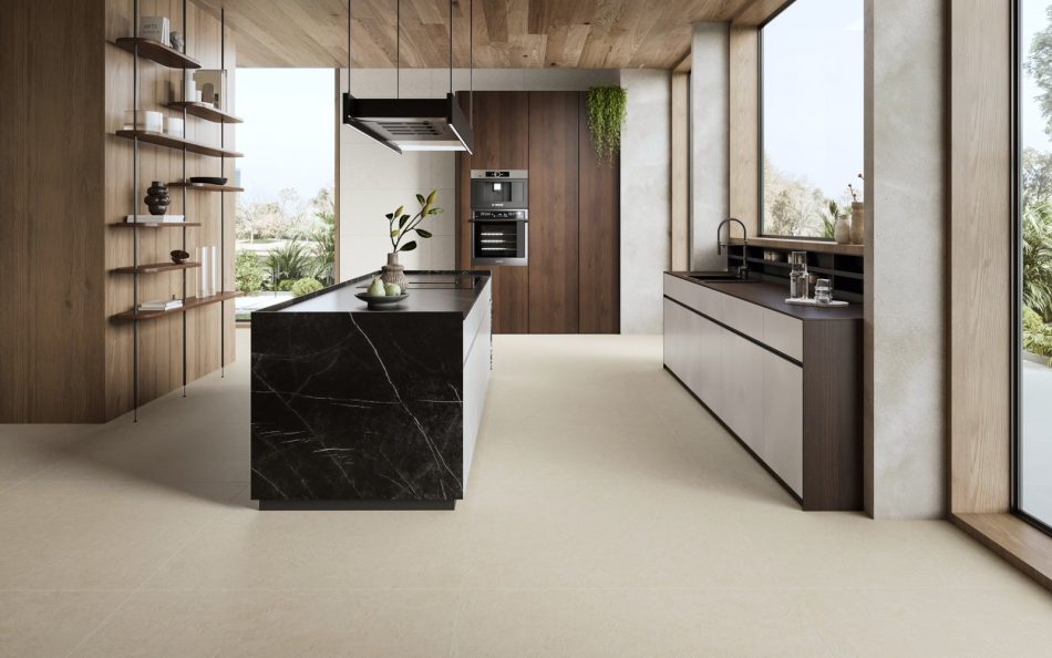 Desigless tile CD Extra White that has hand troweled resin textured in a luxurious modern kitchen with as 48x48 floor tile