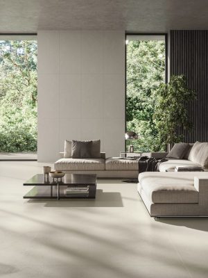 Desigless tile CD Extra White that has hand troweled resin textured in a luxurious modern house with as 48x48 floor, 24x48 wall tile