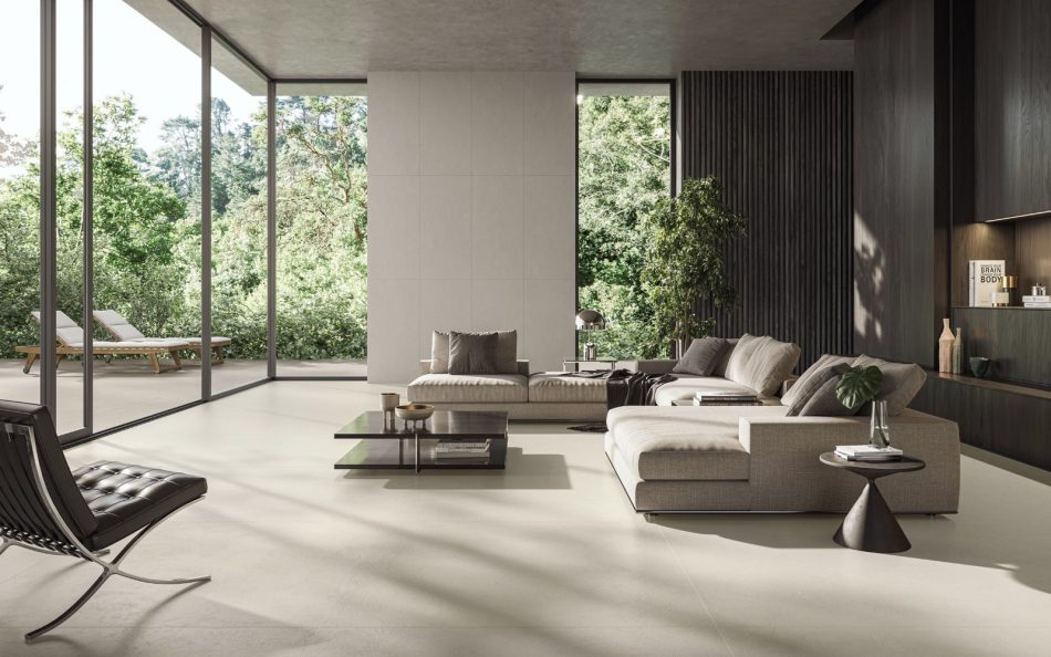 Desigless tile CD Extra White that has hand troweled resin textured in a luxurious modern house with as 48x48 floor, 24x48 wall tile